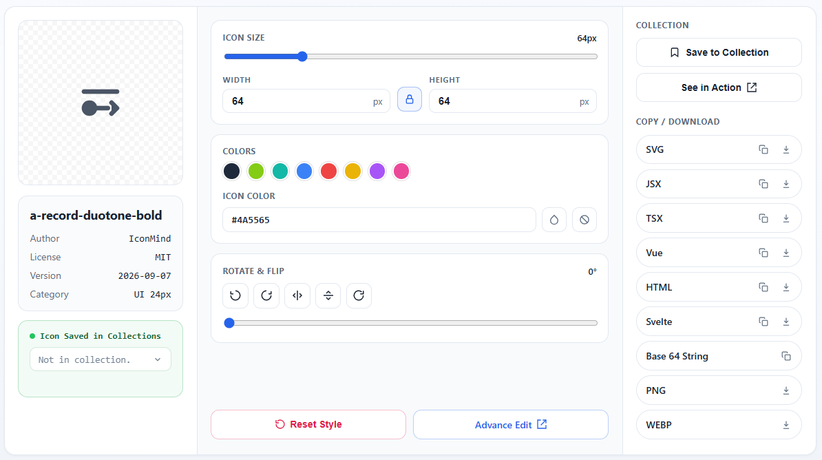 Icon customization panel with multi-format copy and download options