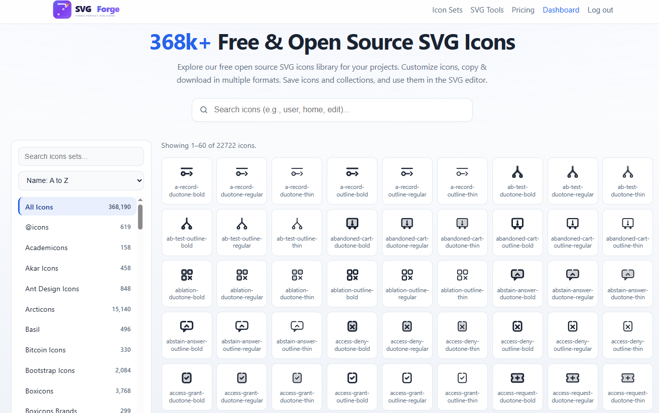 SVGForge icon library with search and 368k+ free open-source SVG icons