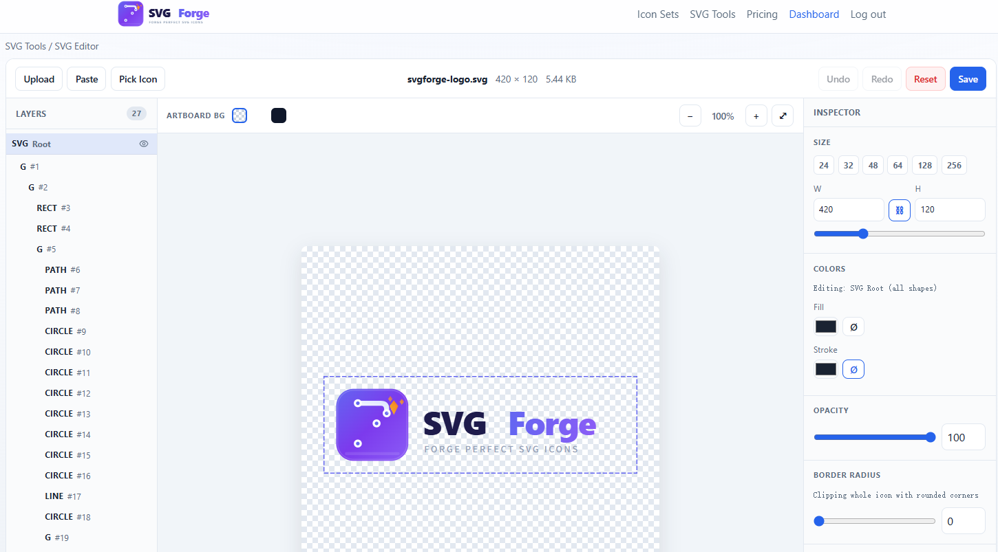 SVG Forge editor with layers panel, canvas, and inspector